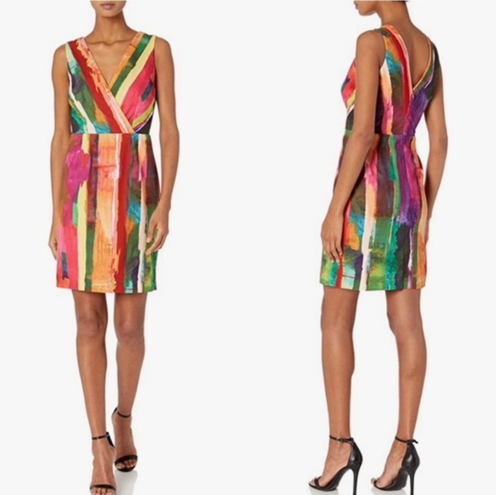 Leslie Fay‎ Dress Sheath Size 8 Stretch Sleeveless Career Watercolor Red Green